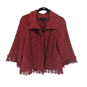 St John Knits Cardigan Jacket Women Small Orange Multi Fringe Hem Boucle Knit
